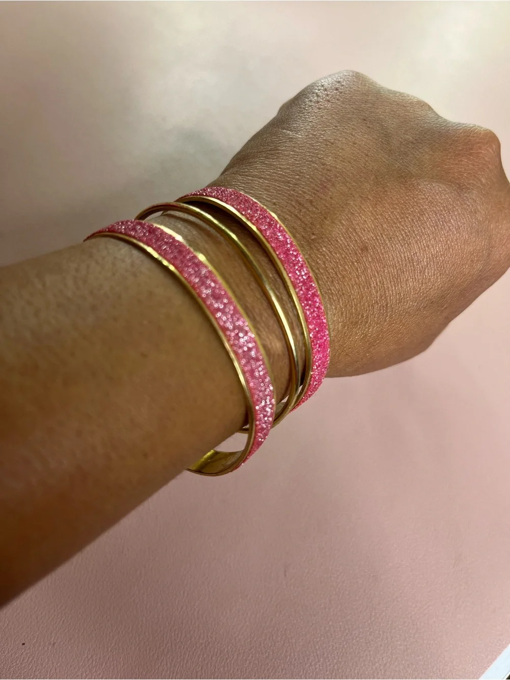 SHEIN Gold-Tone Pink Glitter Triple Band Cuff Bracelet
